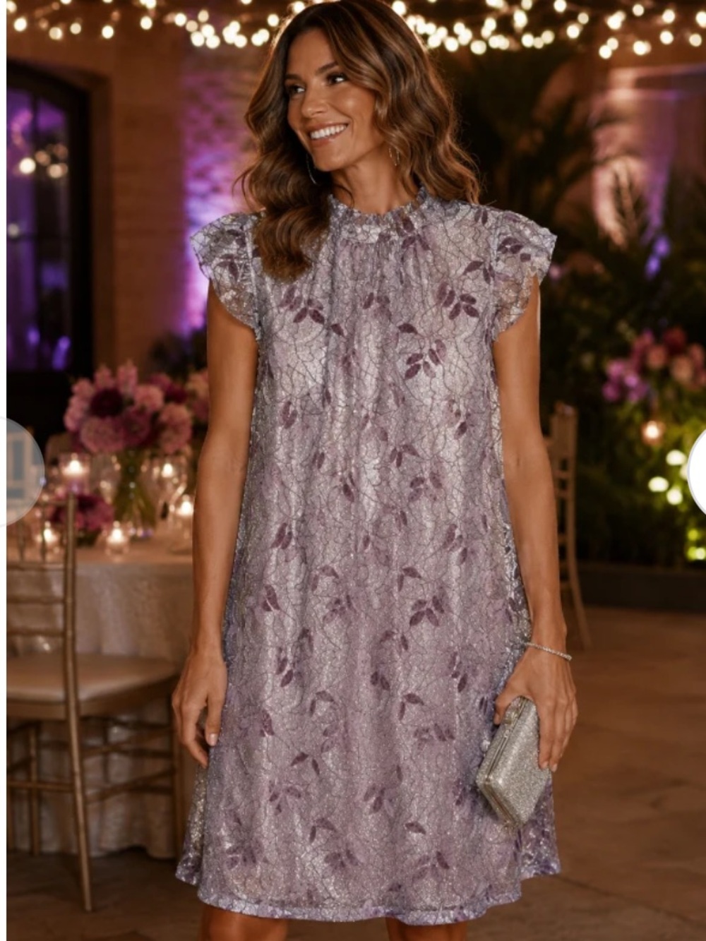Voy Pale Plum Glitter & Velvet Leaf Ruffle Sleeve Dress Size Large NWT